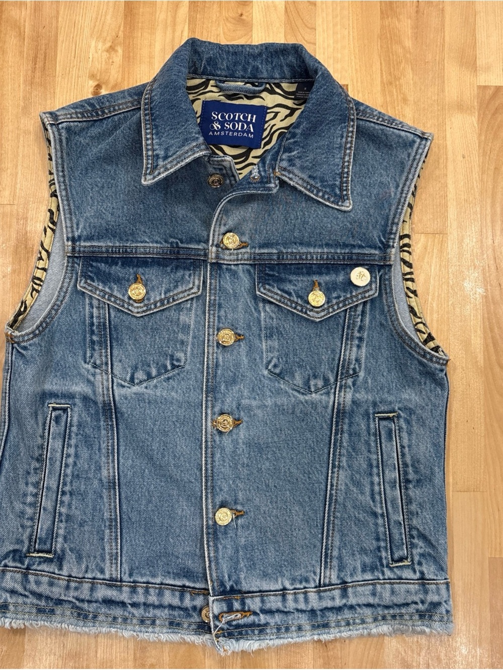 Scotch & Soda Amsterdam Denim Vest Gold Logo Buttons Animal Print Edges Sz S